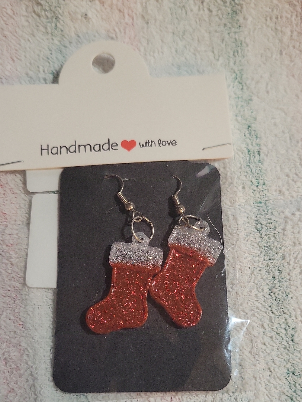 Handmade Red Glitter Stocking Earrings with Silver Cuff